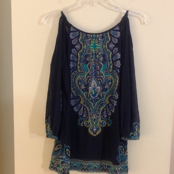 INC Navy Lined Cold Shoulder Paisley Pheasant Top NWOT - Picture 5 of 9